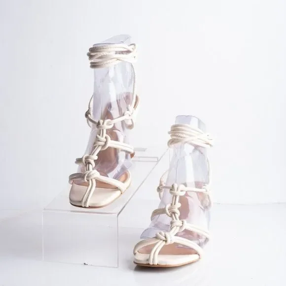 Anthropologie Womens Cream Caged Sandals Heels Lace tie Sz 5 EU 35 Leather New - Picture 4 of 10